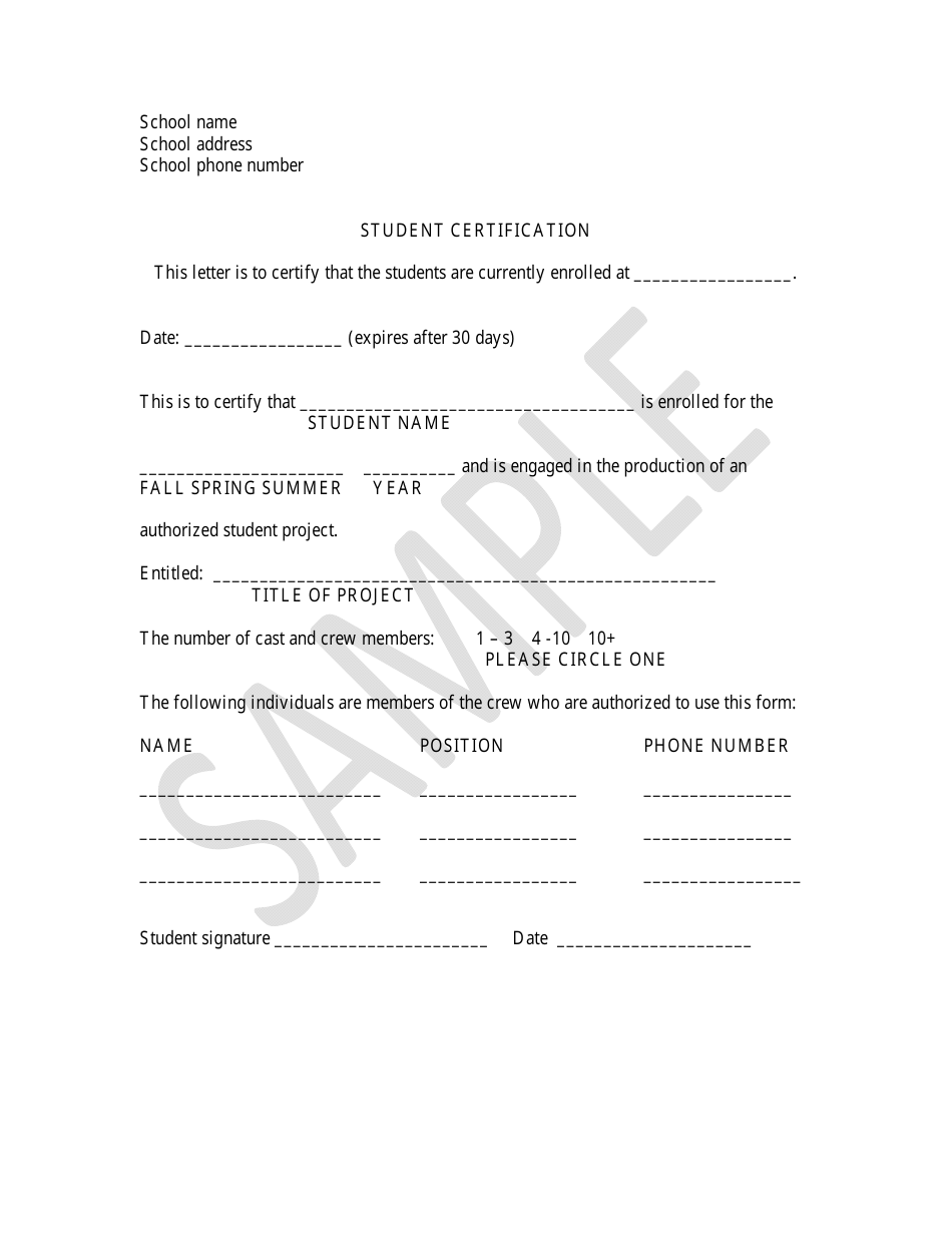 Student Certification Form Sample Download Printable PDF Templateroller