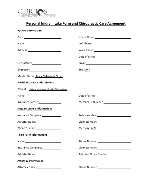 Personal Injury Intake Form and Chiropractic Care Agreement - Cerritos Download Pdf