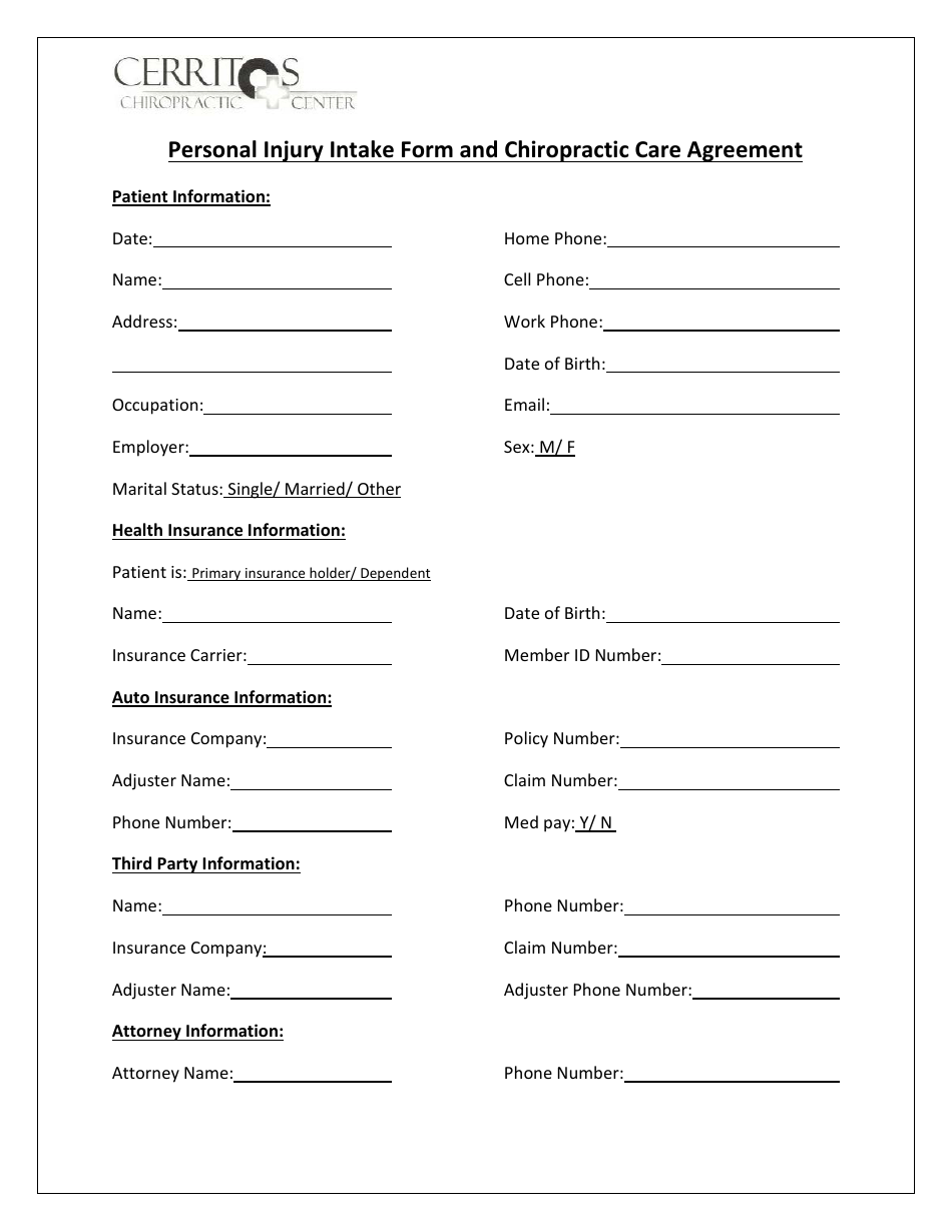 Personal Injury Intake Form And Chiropractic Care Agreement Cerritos