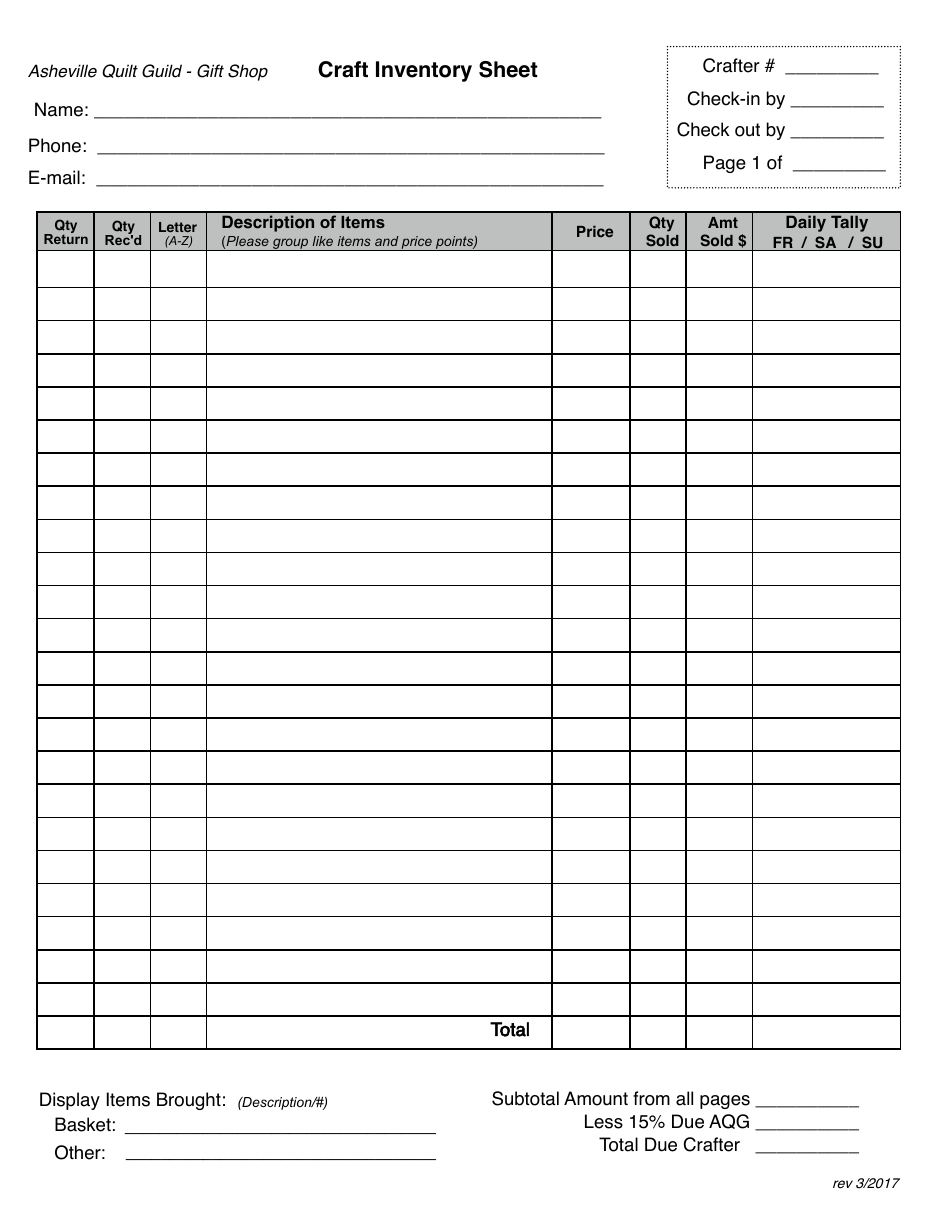 Craft Inventory Sheet Template Download Fillable PDF | Templateroller