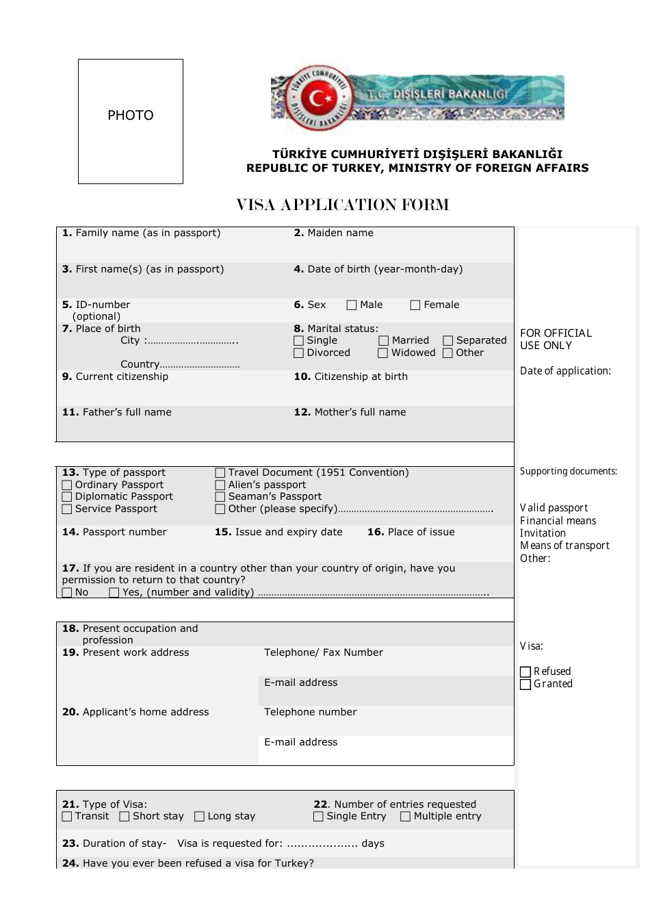 Turkish Visa Application Form - Turkey, Page 1