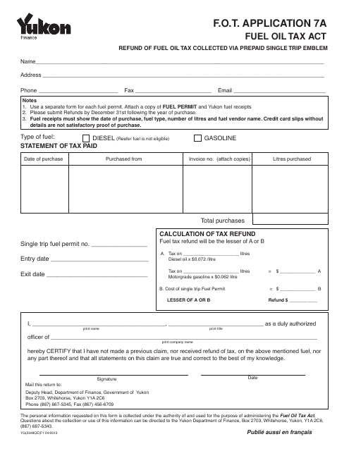Form YG2348 Refund of Fuel Oil Tax Collected via Prepaid Single Trip Emblem - Yukon, Canada