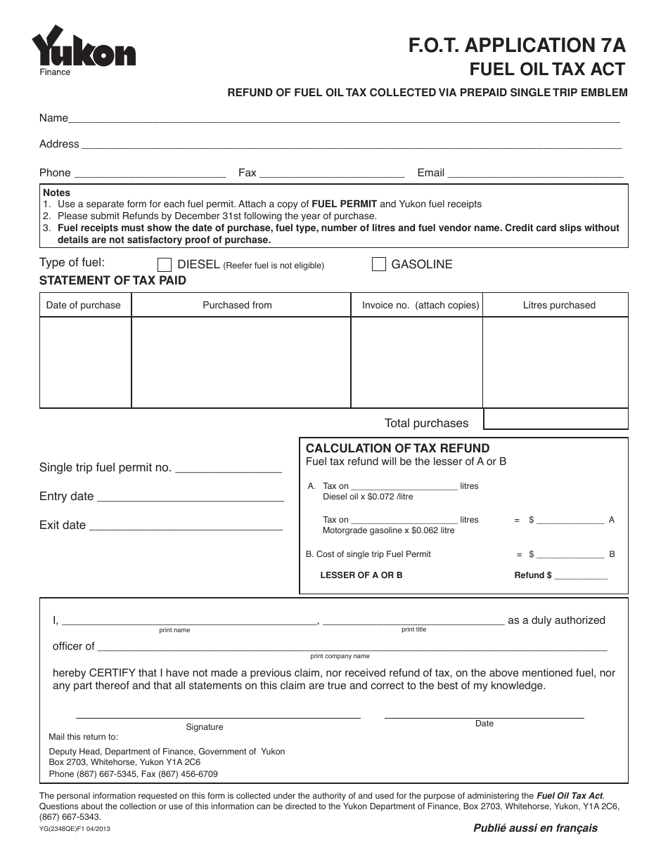 Form YG2348 Refund of Fuel Oil Tax Collected via Prepaid Single Trip Emblem - Yukon, Canada, Page 1