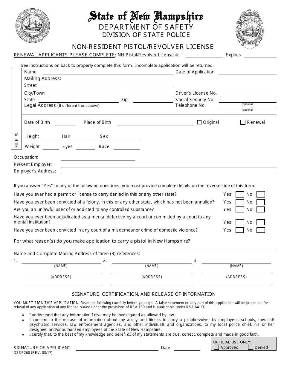Form DSSP260 Application for Non-resident Pistol / Revolver License - New Hampshire, Page 1