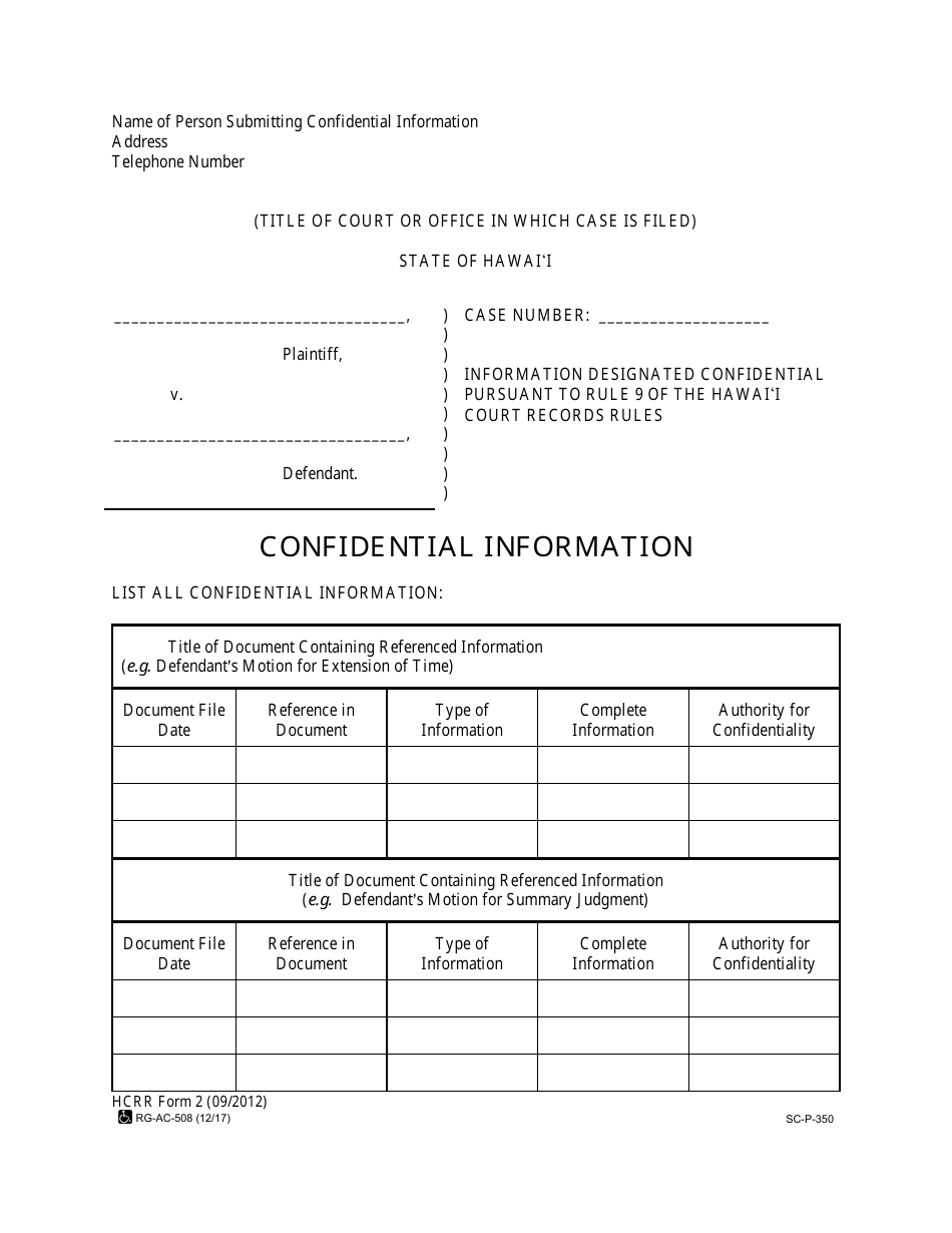 HCRR Form 2 (SC-P-350) Confidential Information - Hawaii, Page 1