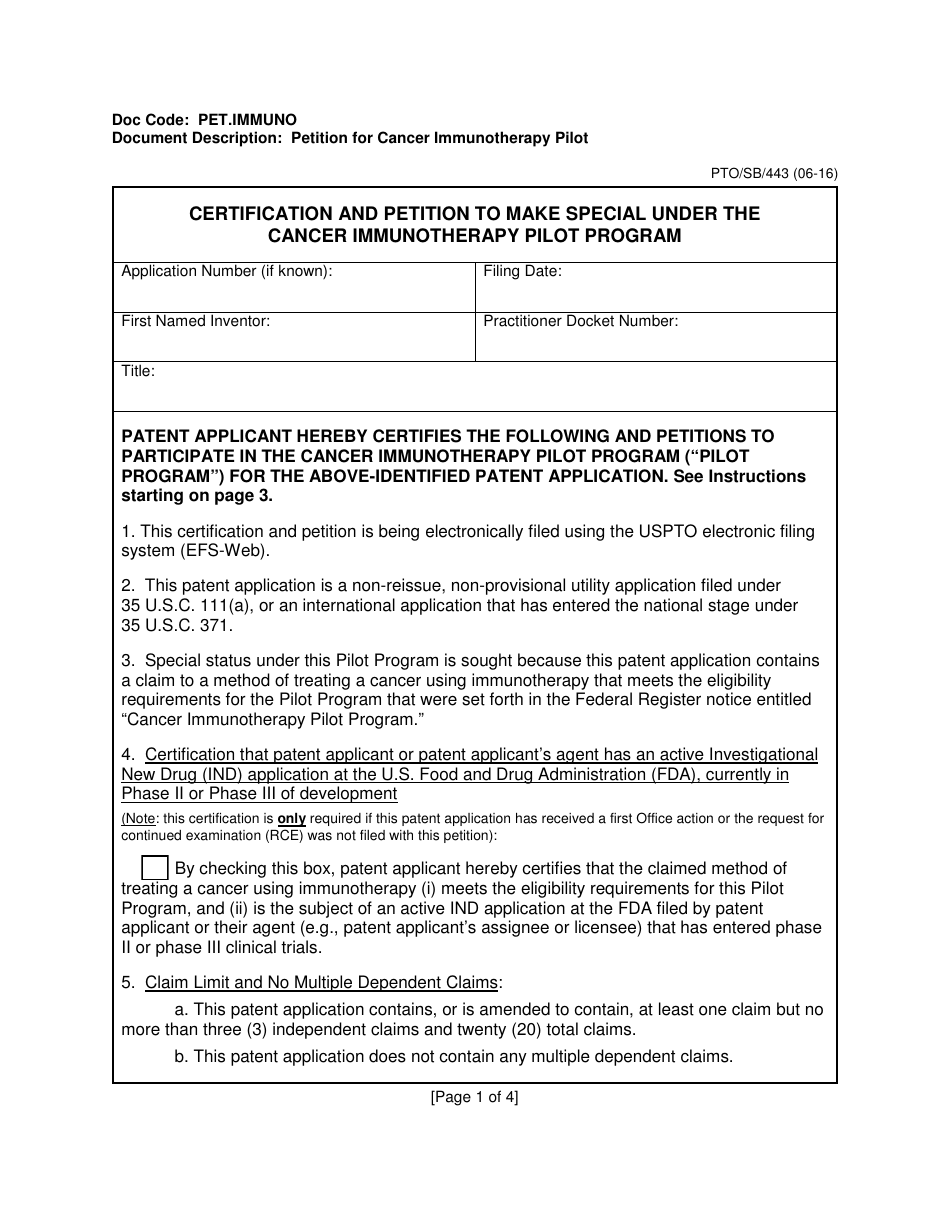Form PTO / SB / 443 Certification and Petition to Make Special Under the Cancer Immunotherapy Pilot Program, Page 1