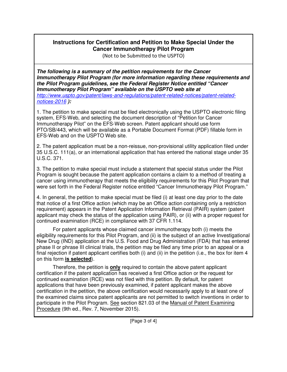 Form PTO / SB / 443 Certification and Petition to Make Special Under the Cancer Immunotherapy Pilot Program, Page 3