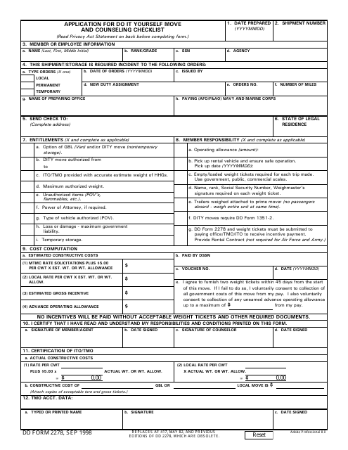 DD Form 2278  Printable Pdf