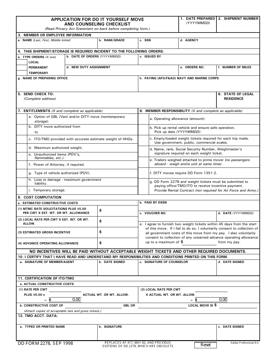 DD Form 2278 Application for Do It Yourself Move and Counseling Checklist, Page 1