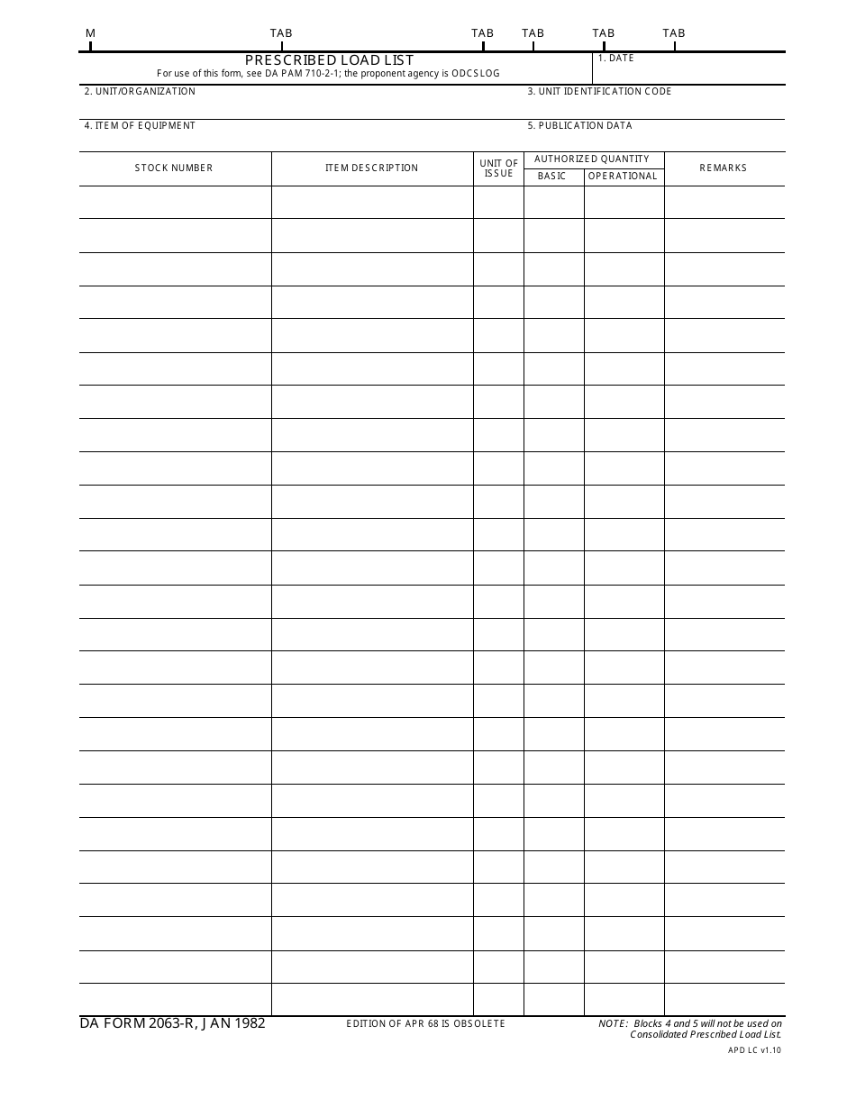 DA Form 2063-R Prescribed Load List, Page 1