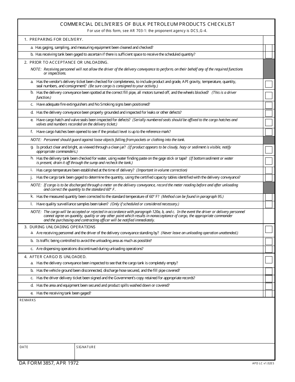 DA Form 3857 Commercial Deliveries of Bulk Petroleum Products Checklist, Page 1