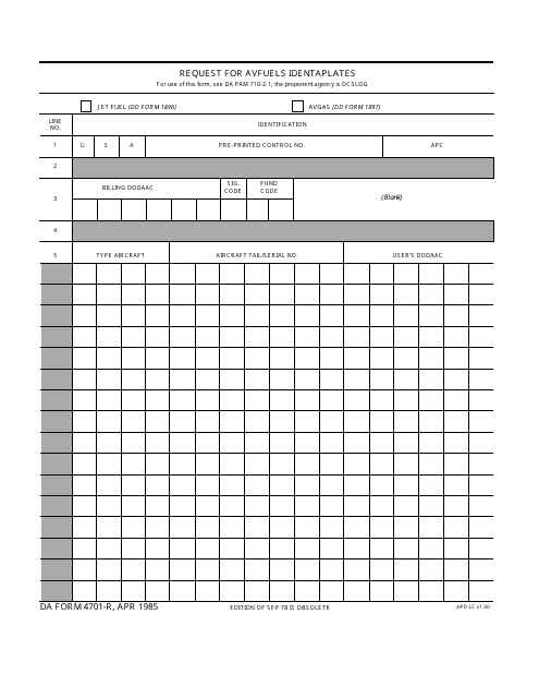 DA Form 4701-R Request for Avfuels Identaplates