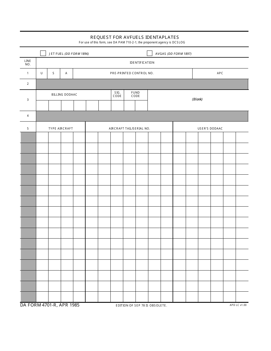 DA Form 4701-R Request for Avfuels Identaplates, Page 1