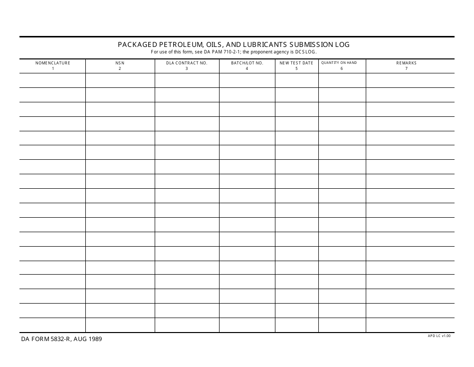 DA Form 5832-R Packaged Petroleum, Oils, and Lubricants Submission Log, Page 1