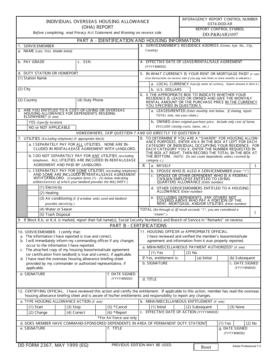 DD Form 2367 Individual Overseas Housing Allowance (OHA) Report, Page 1