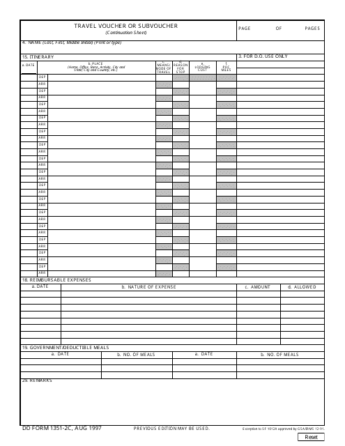 DD Form 1351-2C Travel Voucher or Subvoucher (Continuation Sheet)