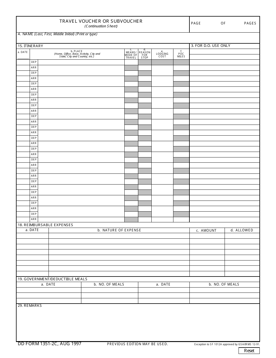 DD Form 1351-2C Travel Voucher or Subvoucher (Continuation Sheet), Page 1