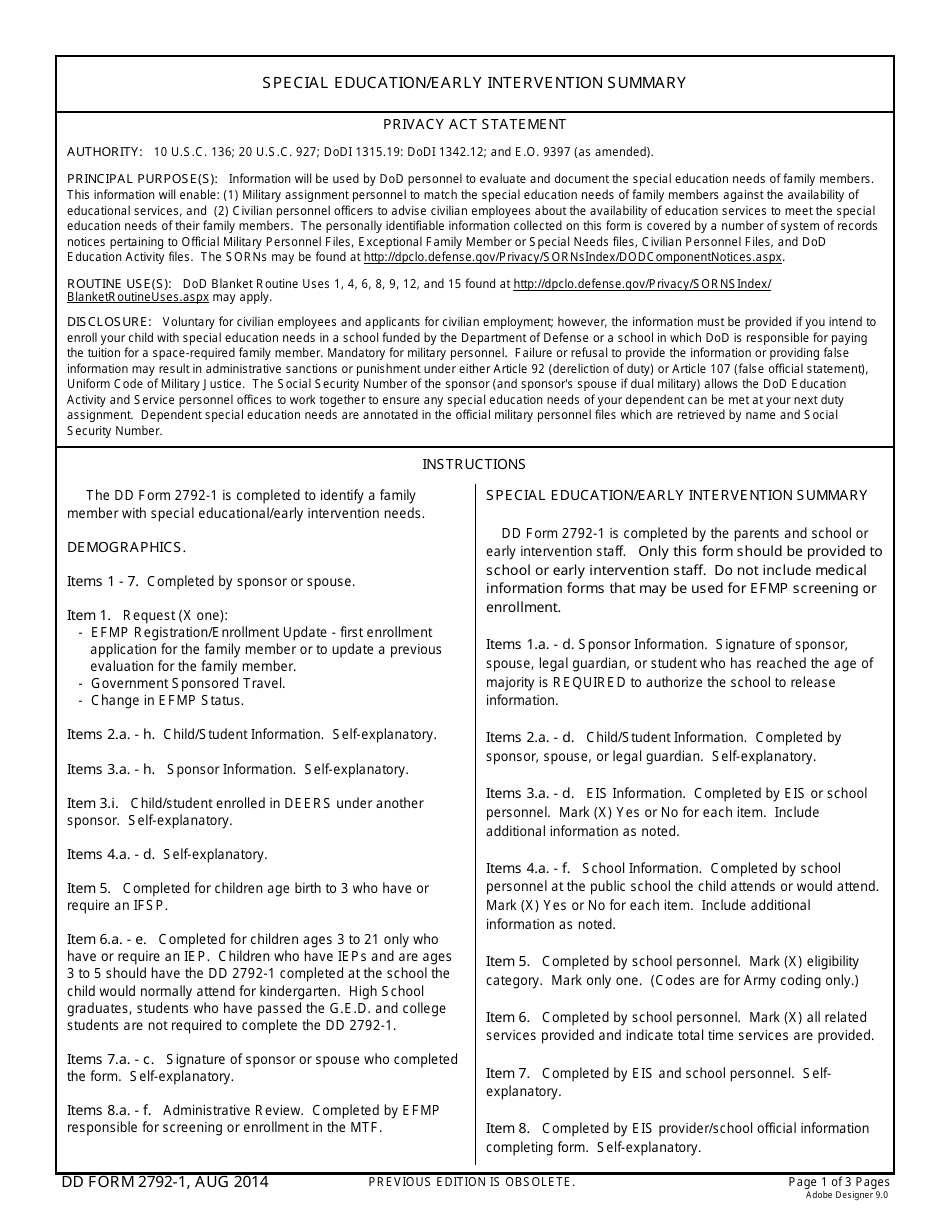 DD Form 2792-1 Special Education / Early Intervention Summary, Page 1