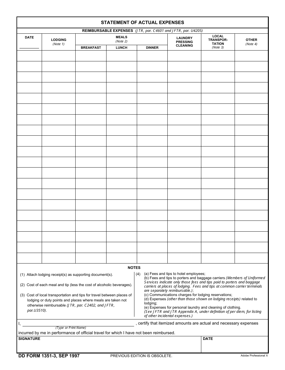 DD Form 1351-3 Statement of Actual Expenses, Page 1