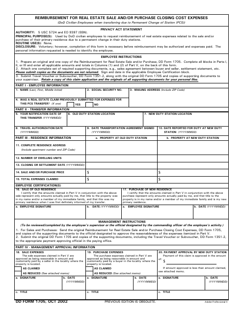 DD Form 1705 Reimbursement for Real Estate Sale and/or Purchase Closing Cost Expenses