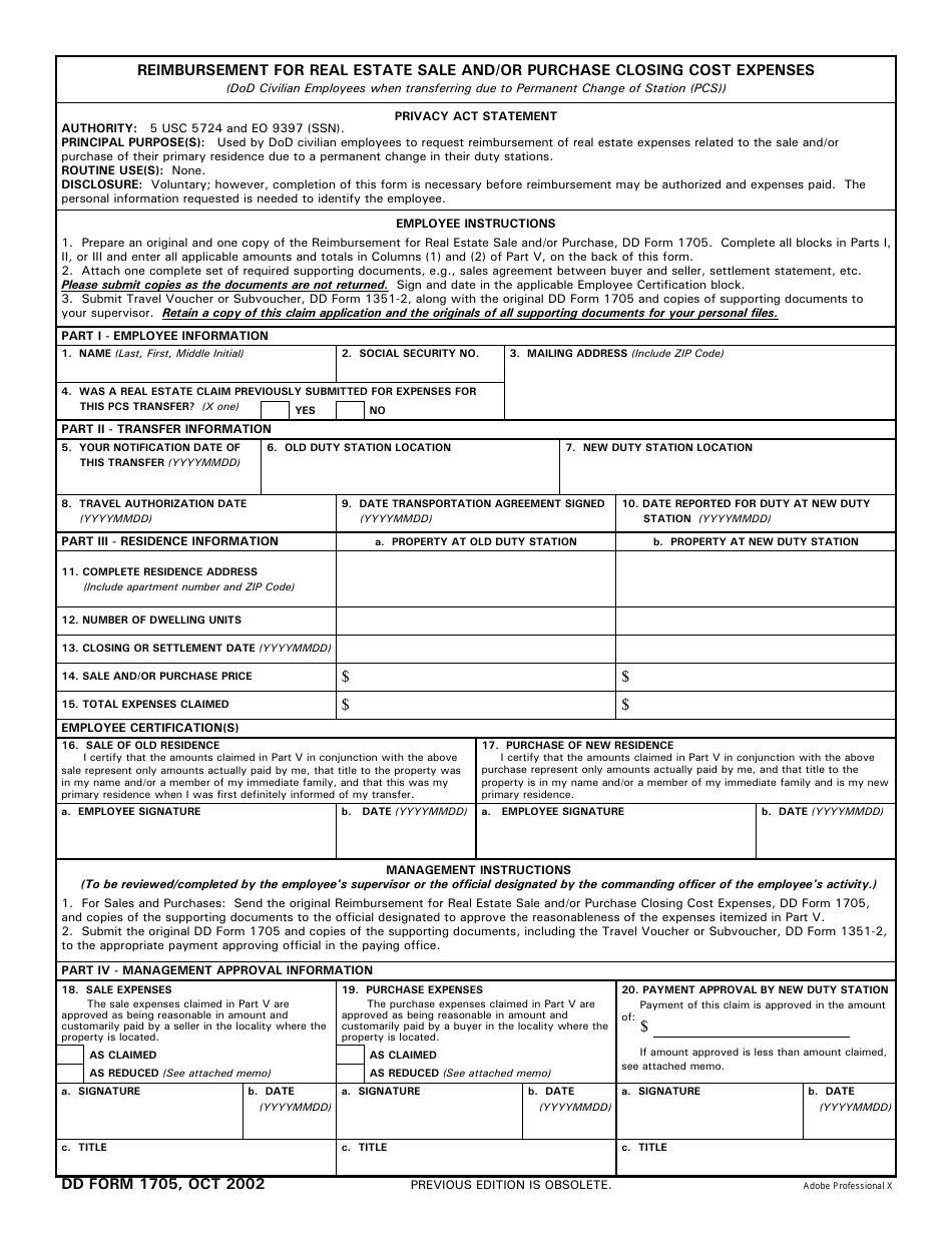 DD Form 1705 Reimbursement for Real Estate Sale and / or Purchase Closing Cost Expenses, Page 1