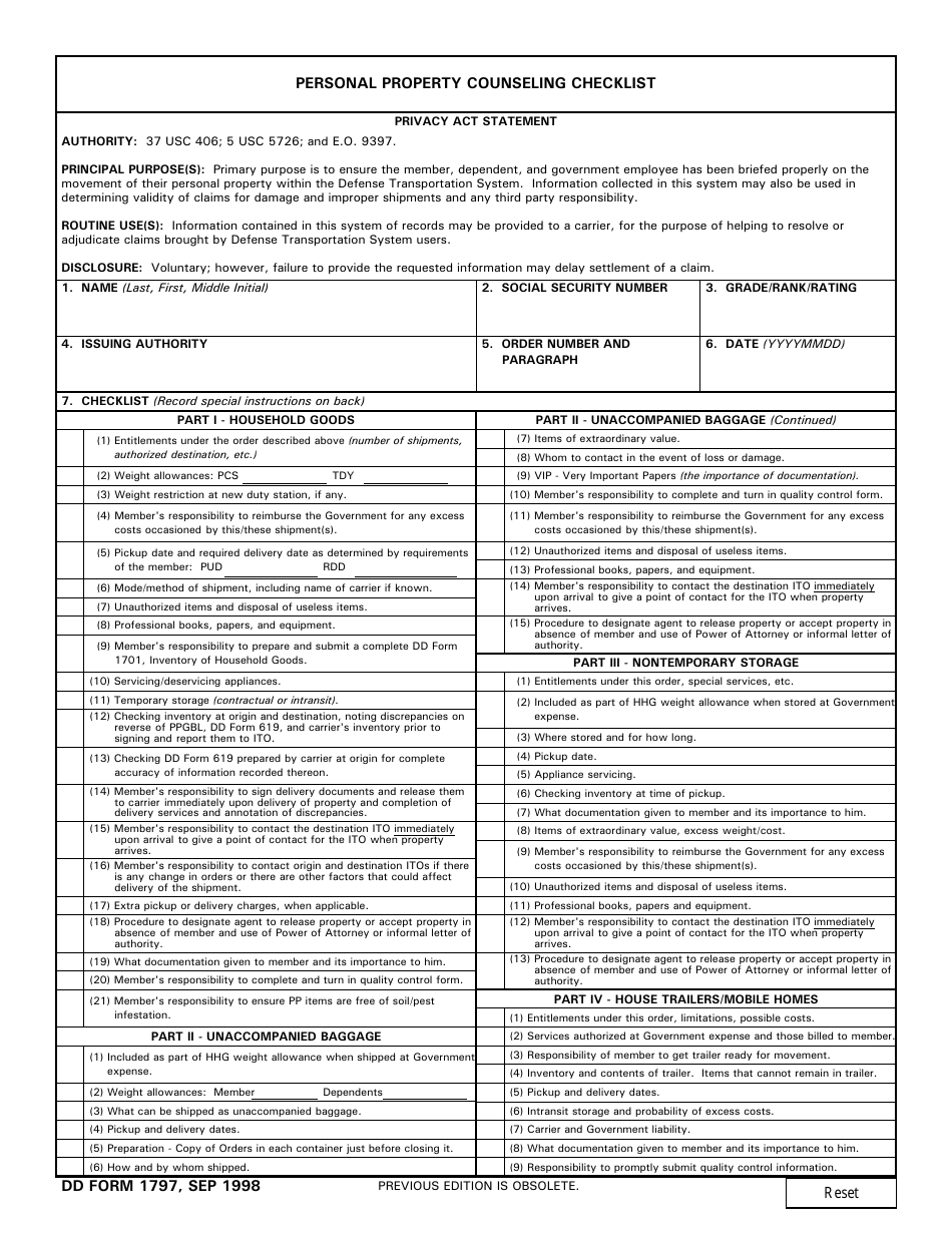 DD Form 1797 Personal Property Counseling Checklist, Page 1