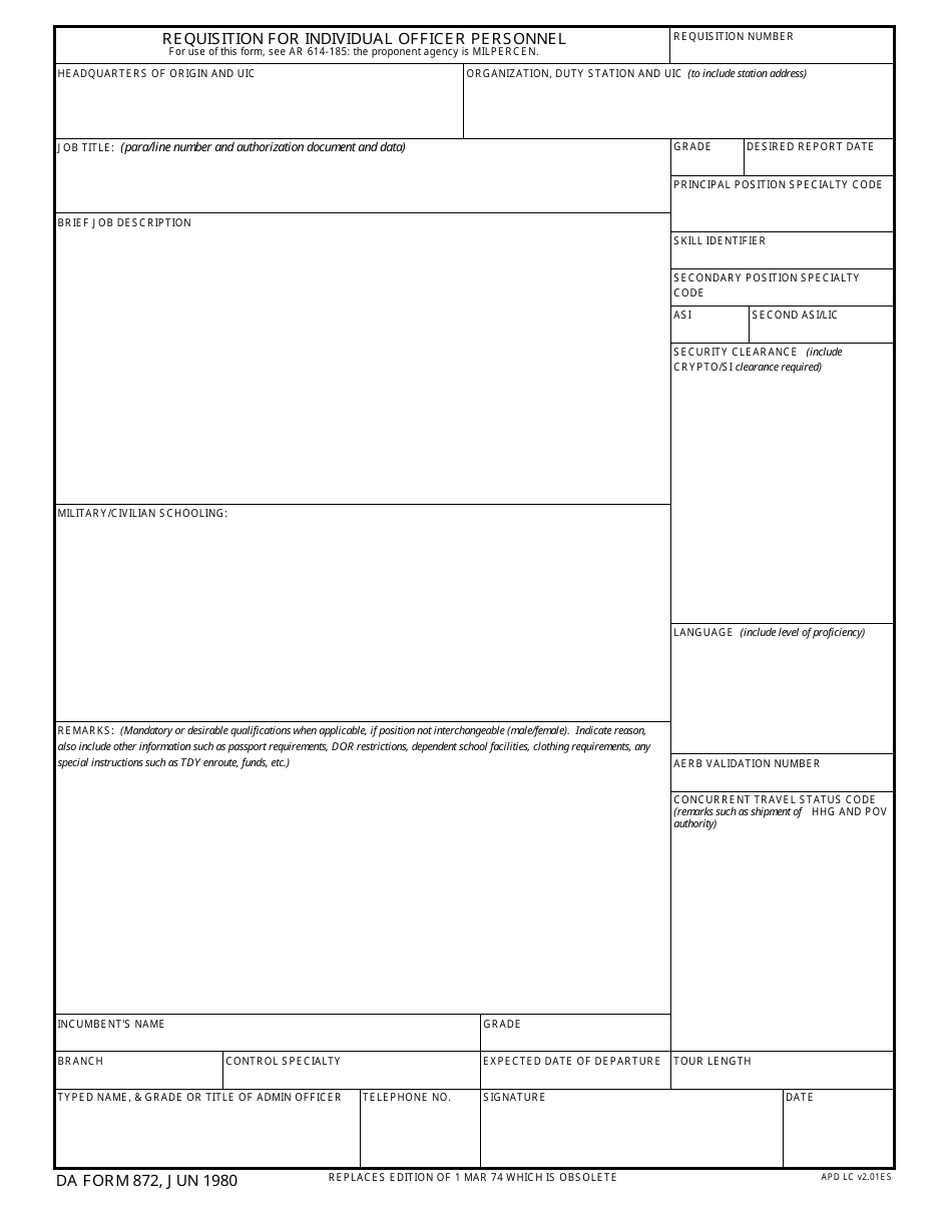 DA Form 872 Requisition for Individual Officer Personnel, Page 1