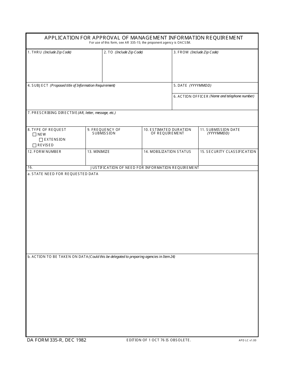 DA Form 335-R Application for Approval of Management Information Requirement, Page 1