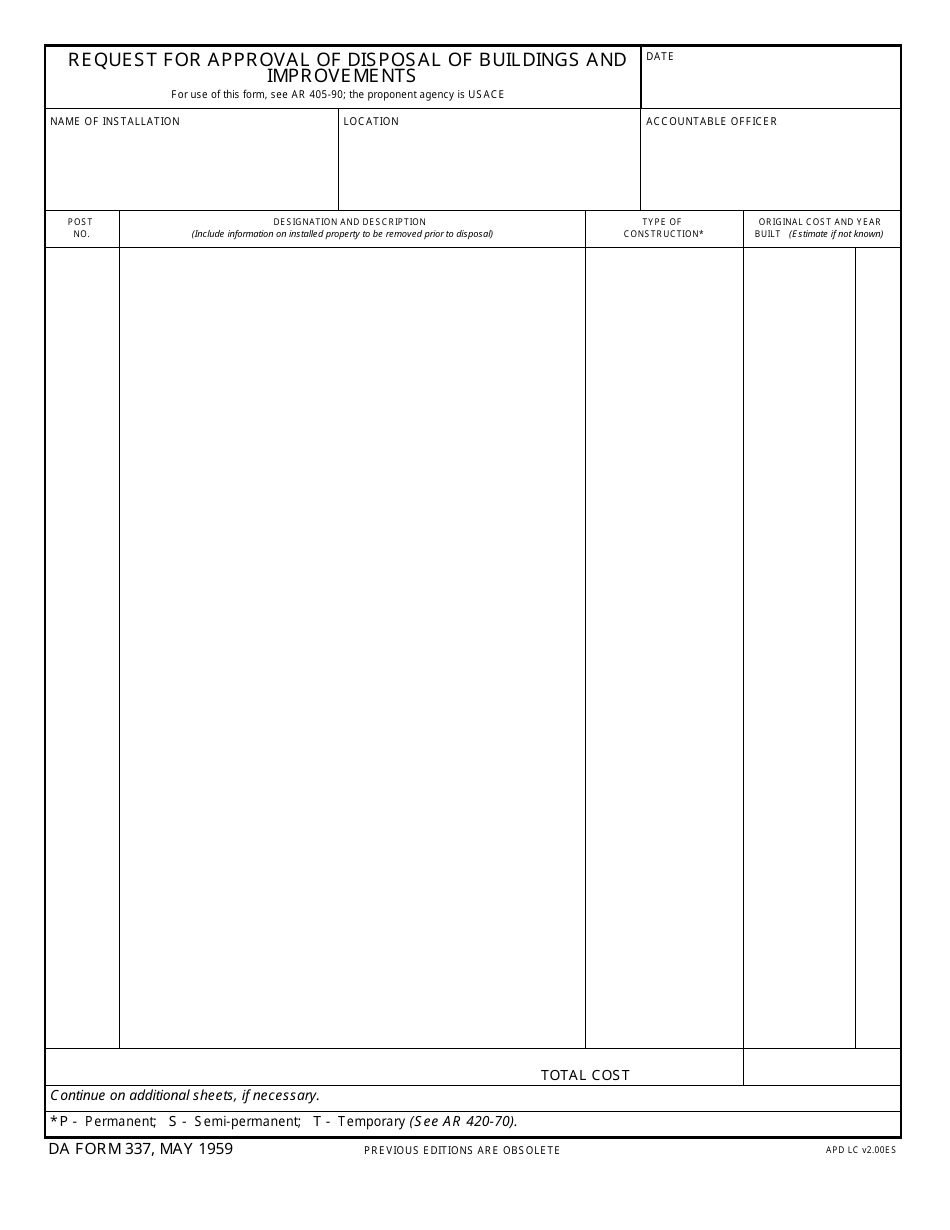 DA Form 337 Request for Approval of Disposal of Buildings and Improvements, Page 1