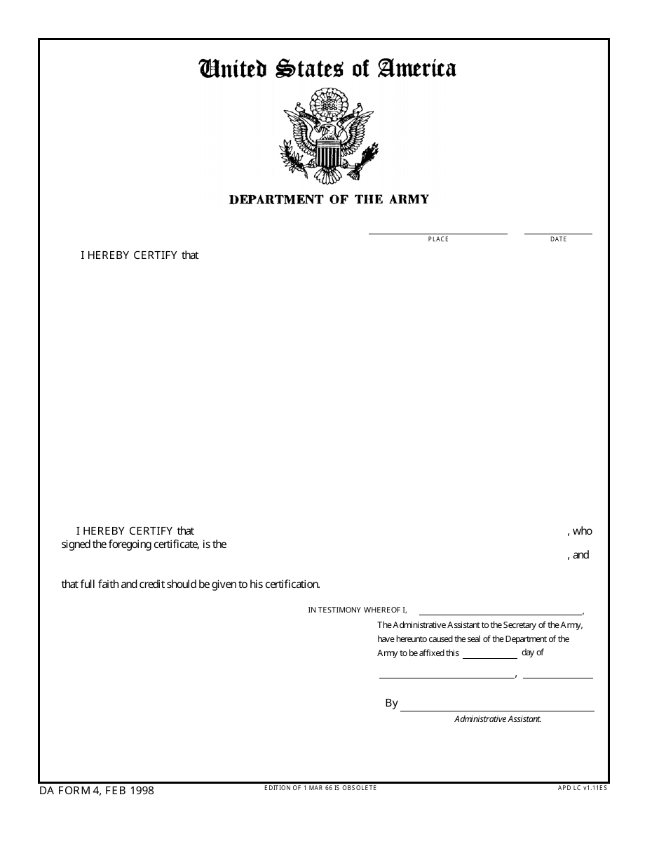 DA Form 4 Certification for Authentication of Records, Page 1