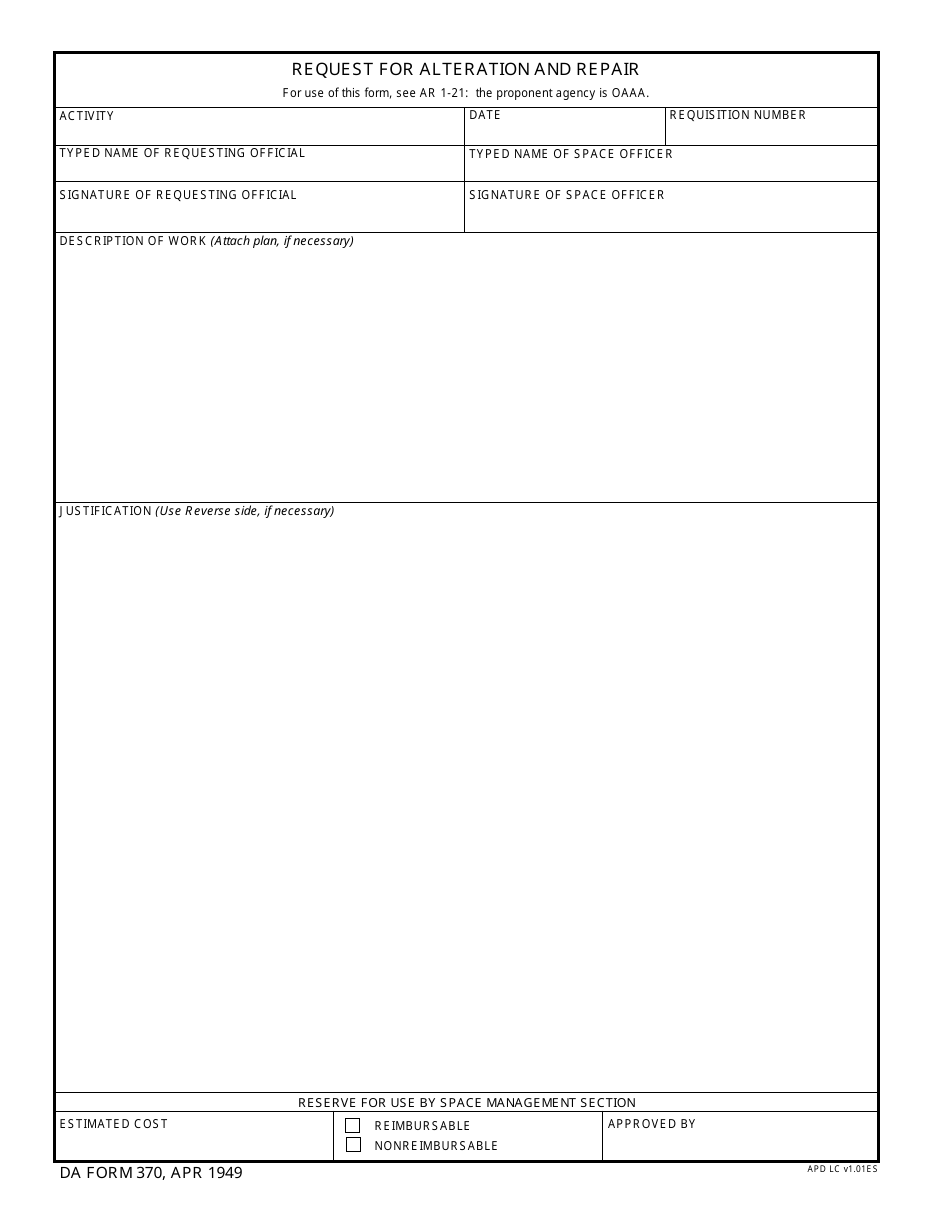 DA Form 370 Request for Alteration and Repairs, Page 1
