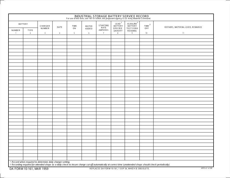 DA Form 10-161 Industrial Storage Battery Service Record, Page 1