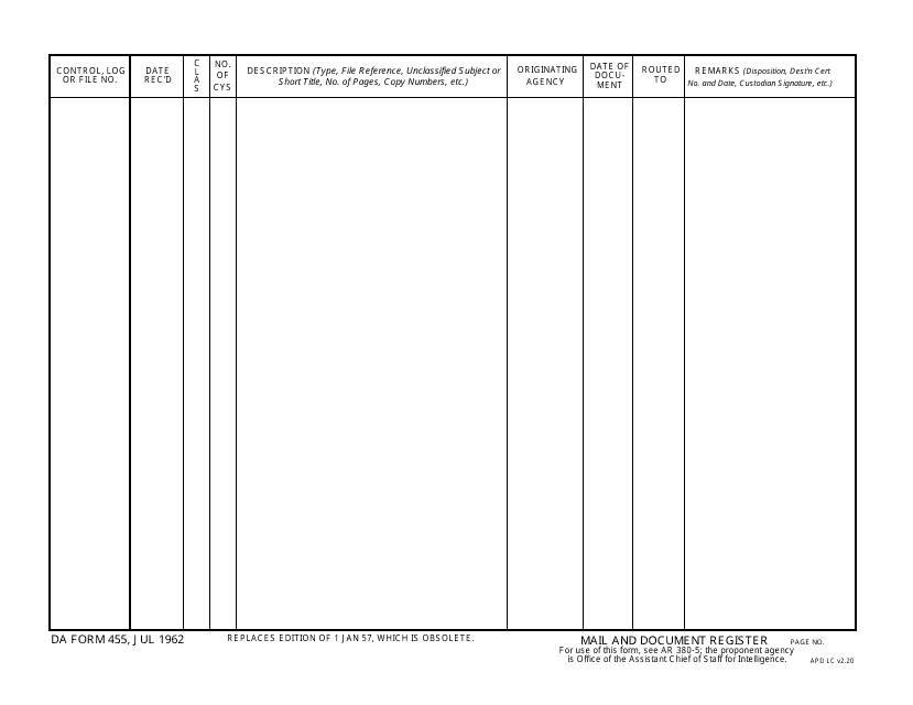 DA Form 455 Mail and Document Register