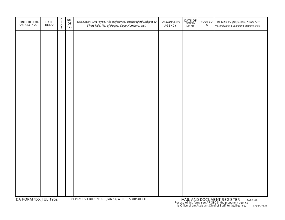 DA Form 455 Mail and Document Register, Page 1