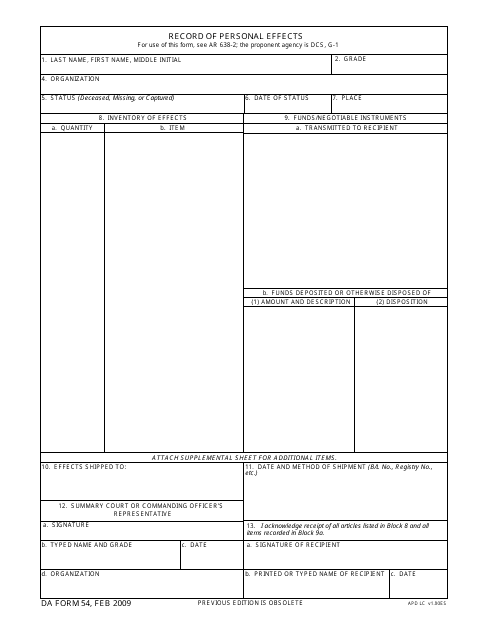 DA Form 54  Printable Pdf