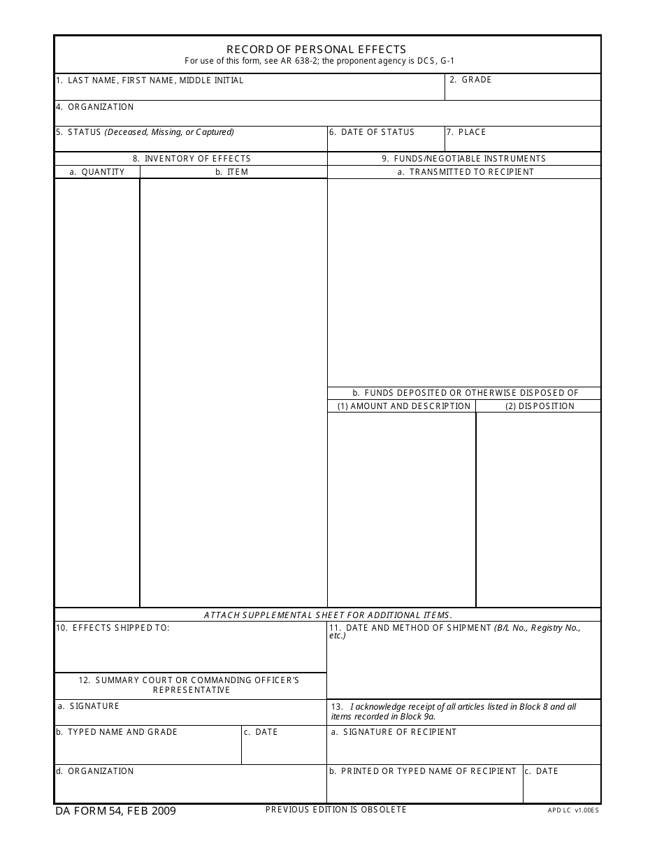 DA Form 54 Record of Personal Effects, Page 1