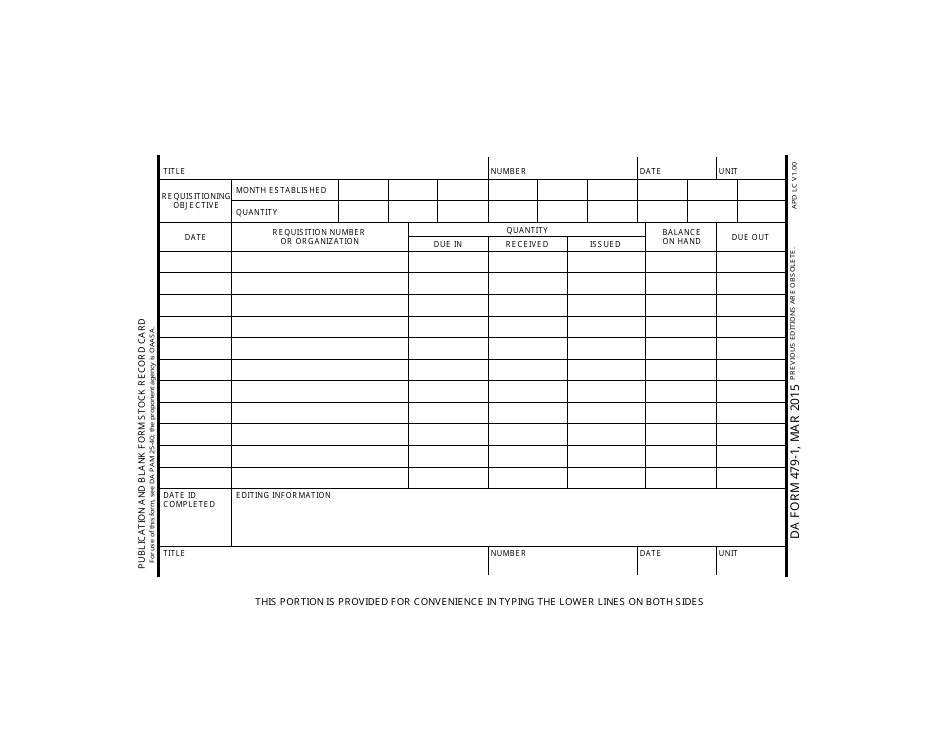 DA Form 479-1 Publication and Blank Form Stock Record Card, Page 1