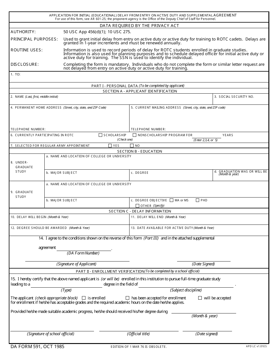 DA Form 591 Application for Initial (Educational) Delay From Entry on Active Duty and Supplemental Agreement, Page 1
