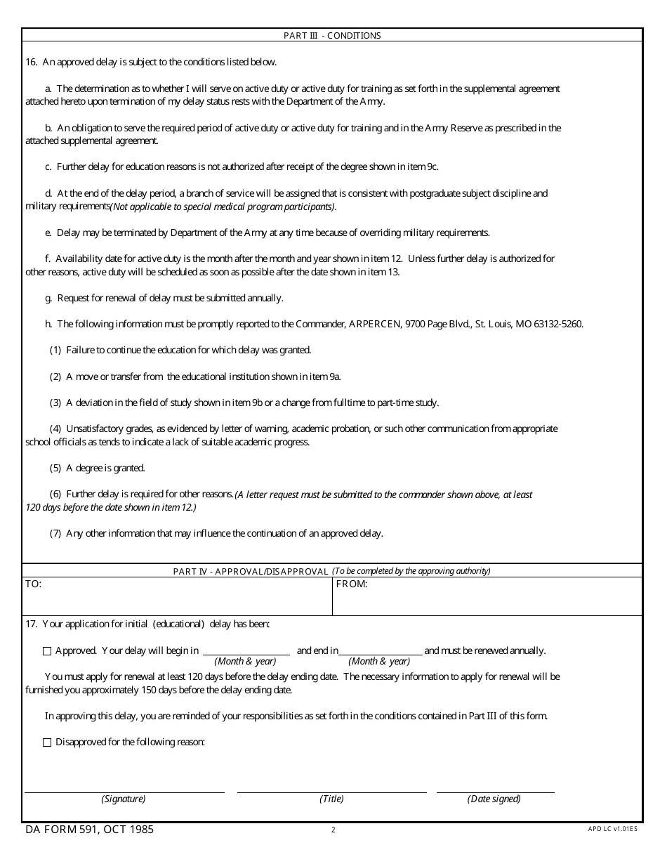 DA Form 591 Application for Initial (Educational) Delay From Entry on Active Duty and Supplemental Agreement, Page 2