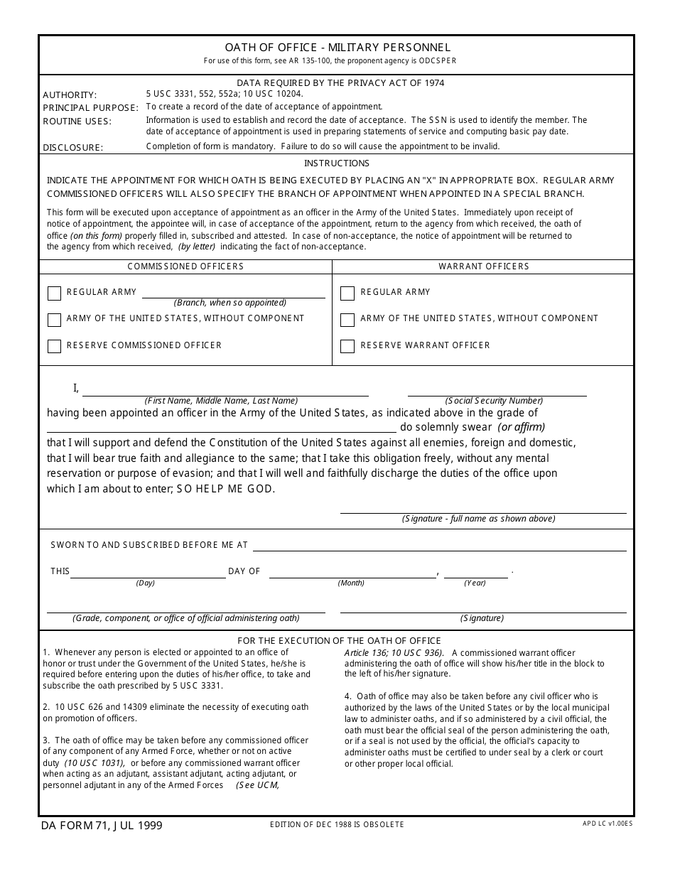 DA Form 71 - Fill Out, Sign Online and Download Fillable PDF ...