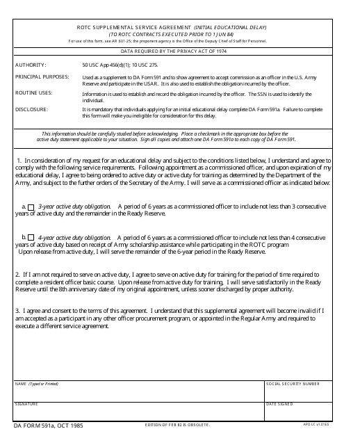 DA Form 591A Rotc Supplemental Service Agreement (Initial Educational Delay)