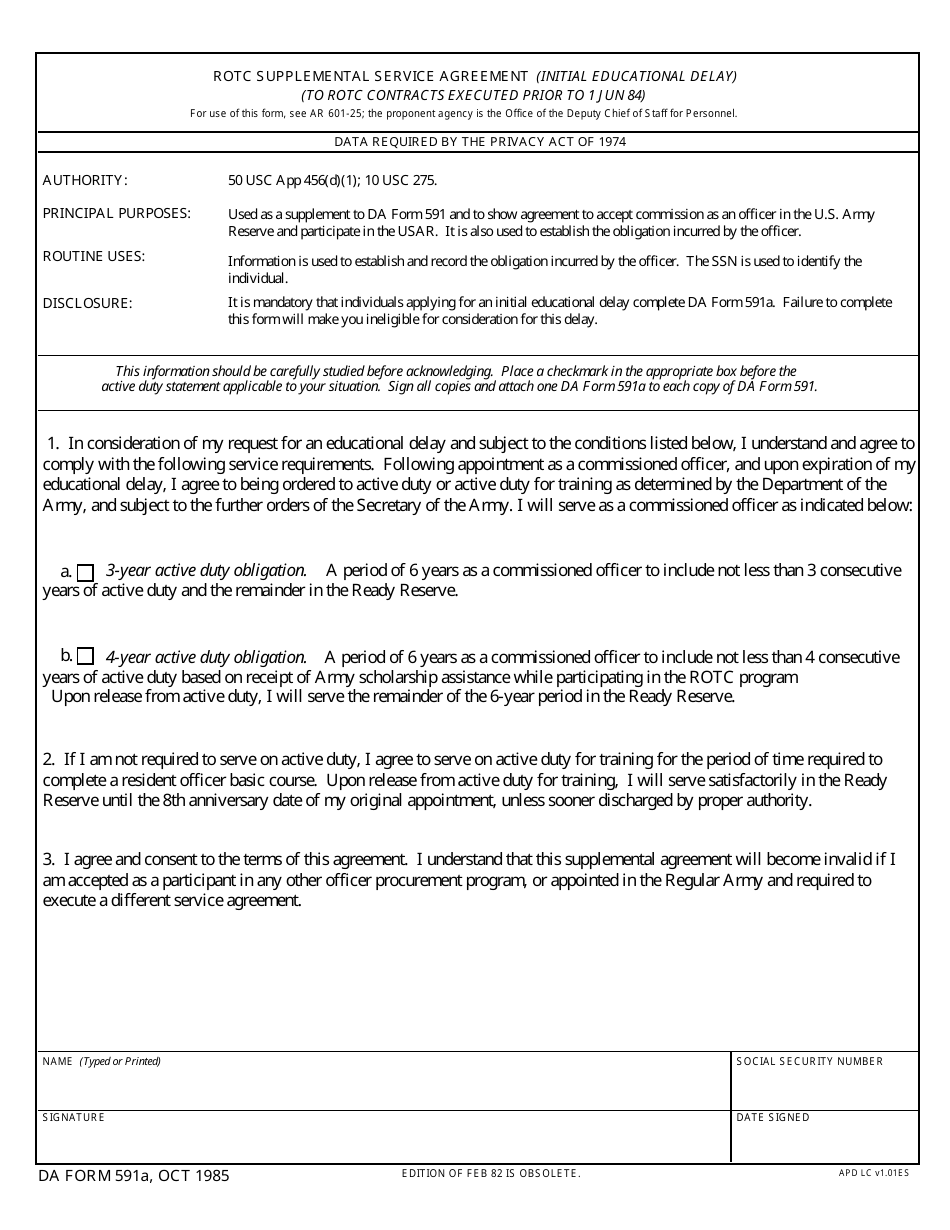 DA Form 591A Rotc Supplemental Service Agreement (Initial Educational Delay), Page 1