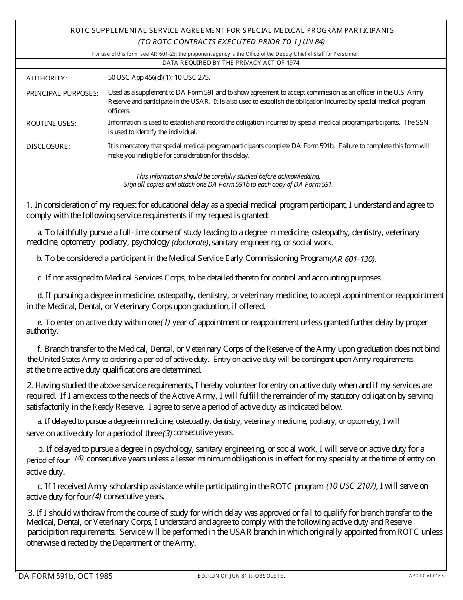 DA Form 591B Rotc Supplemental Service Agreement for Special Medical Program Participants, Page 1