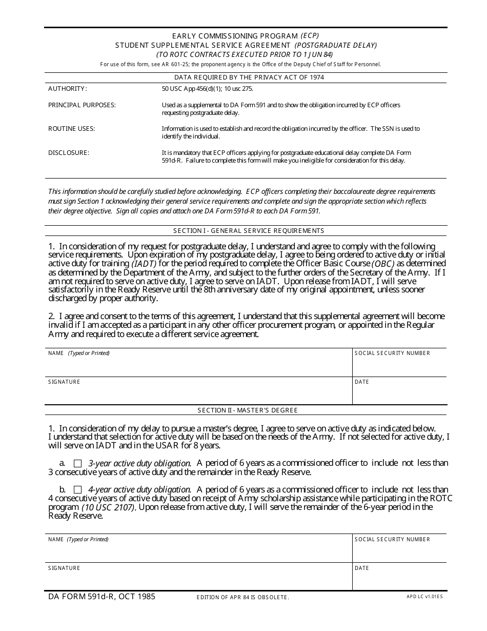 DA Form 591D-R Ecp Student Supplemental Service Agreement (Post-graduate Delay), Page 1