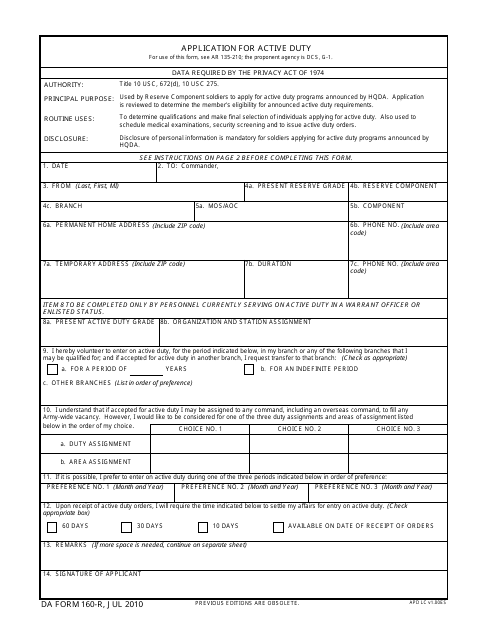 Da Form 160 R Download Fillable Pdf Or Fill Online Application For Active Duty Templateroller