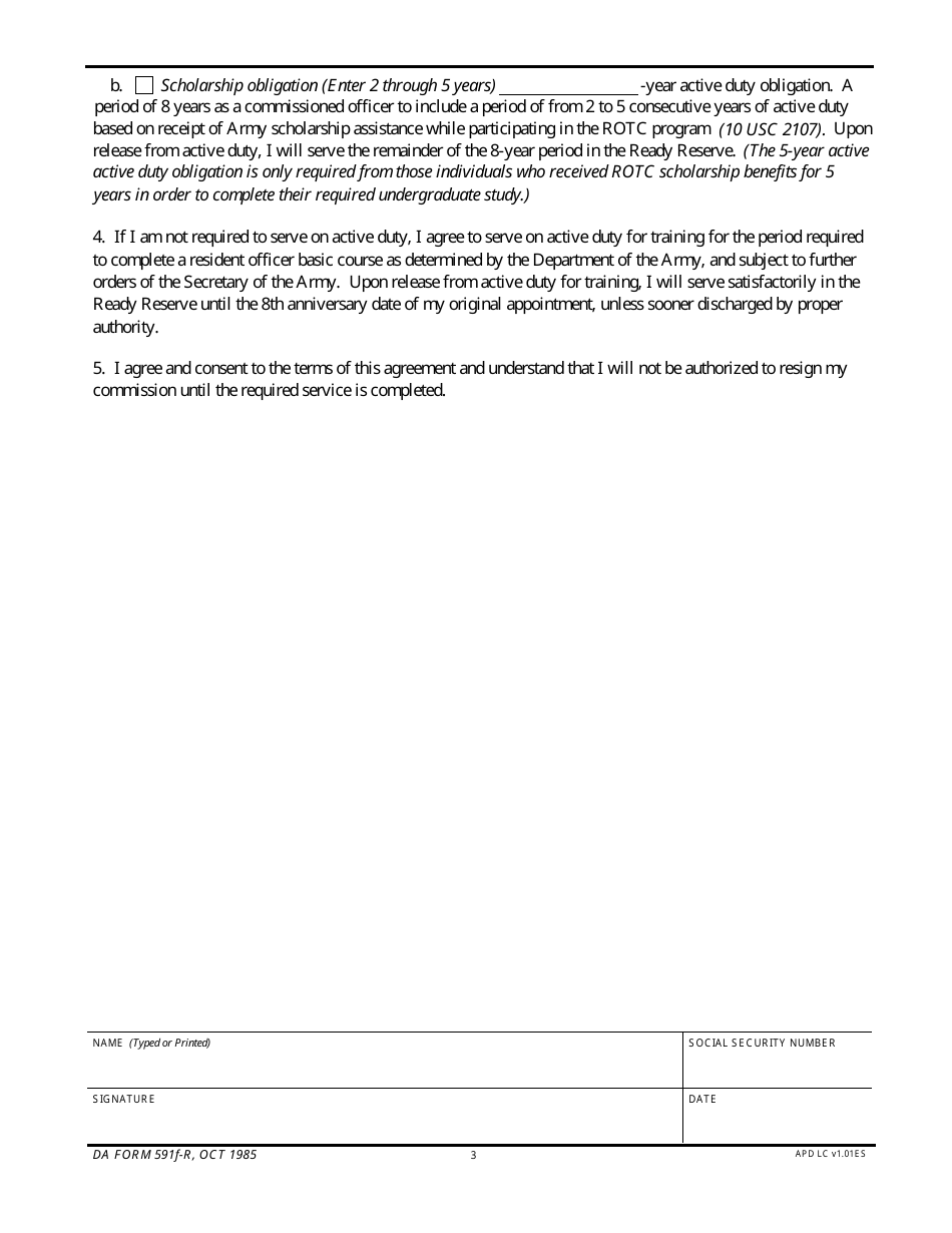 DA Form 591F-R Ecp Student Supplemental Service Agreement (Post-graduate Delay) (LRA), Page 3