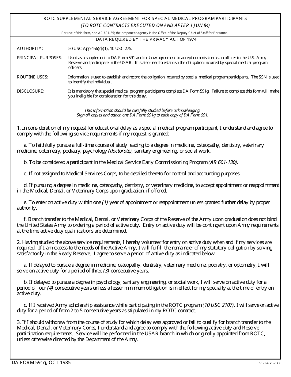 DA Form 591G Rotc Supplemental Service Agreement for Special Medical Program Participants, Page 1