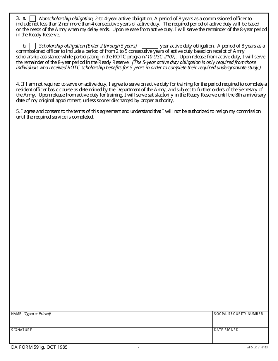 DA Form 591G Rotc Supplemental Service Agreement for Special Medical Program Participants, Page 2