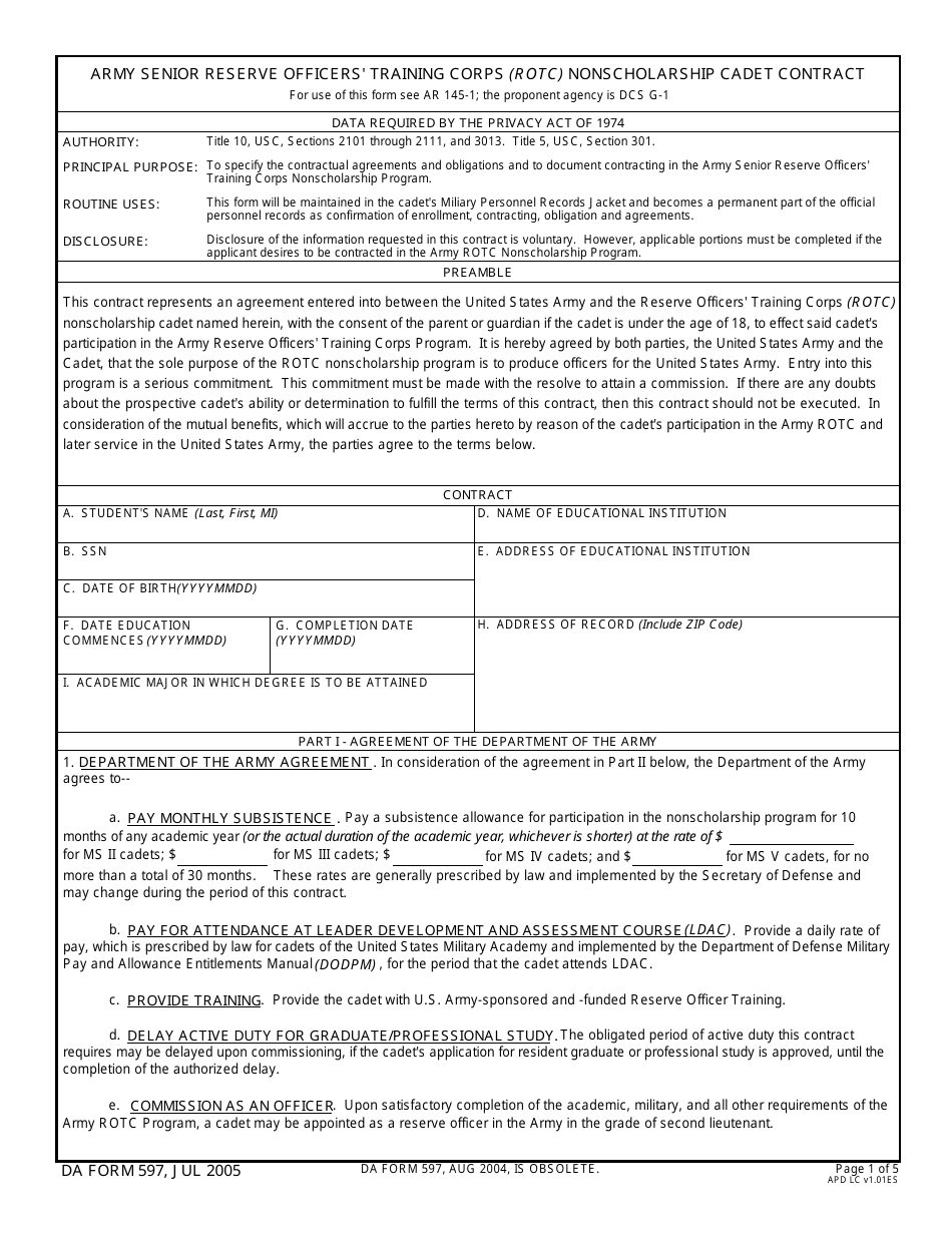 DA Form 597 Army Senior Reserve Officers Training Corps (Rotc) Nonscholarship Cadet Contract, Page 1