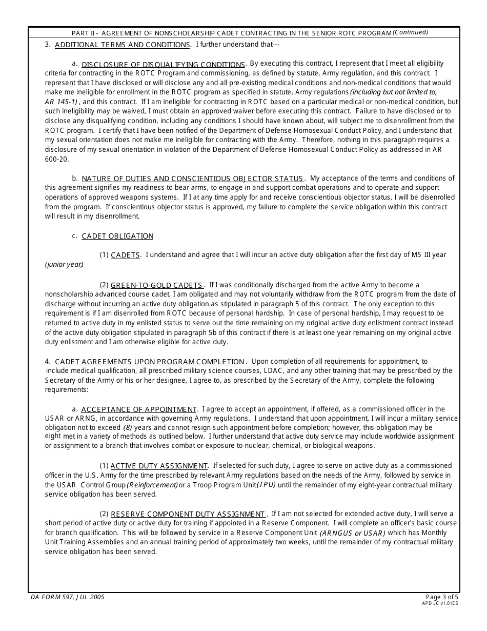 DA Form 597 Army Senior Reserve Officers Training Corps (Rotc) Nonscholarship Cadet Contract, Page 3